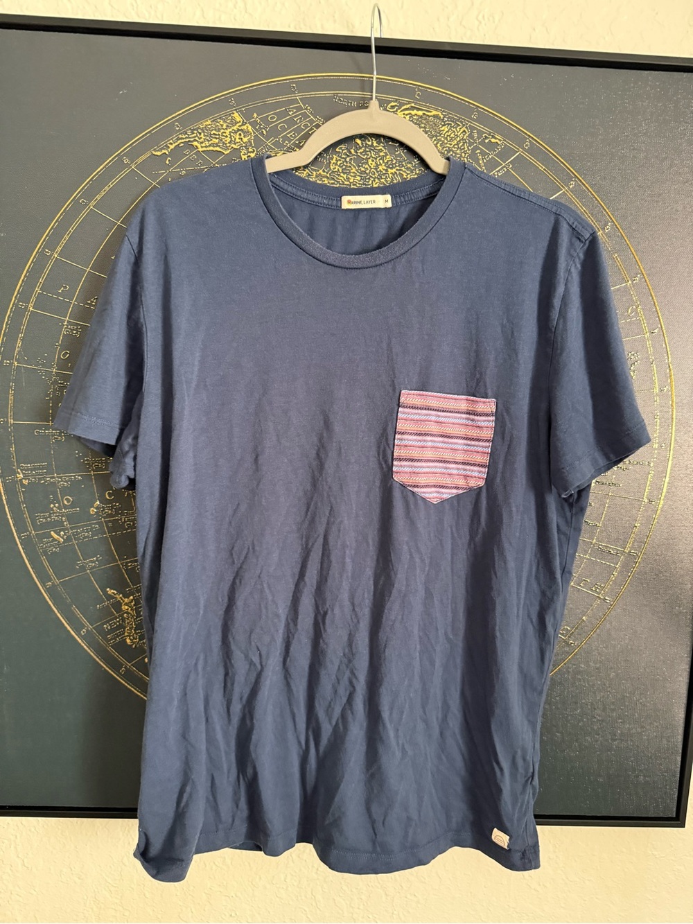 Marine Layer Navy Short Sleeve Tee with Multicolor Striped Pocket